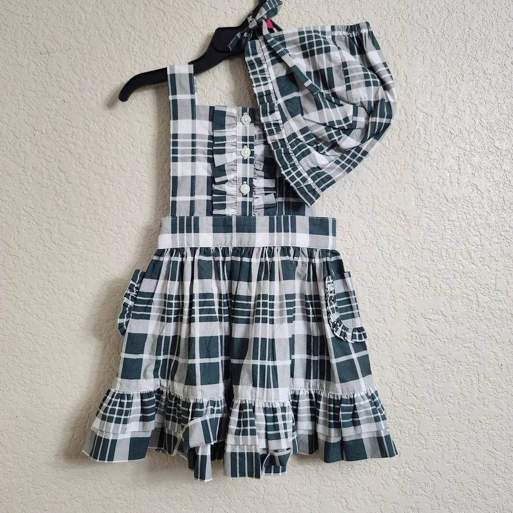 NEW Kate Quinn Girls‎ 12-18M Penelope Green Plaid Pinafore Dress and Bonnet Set